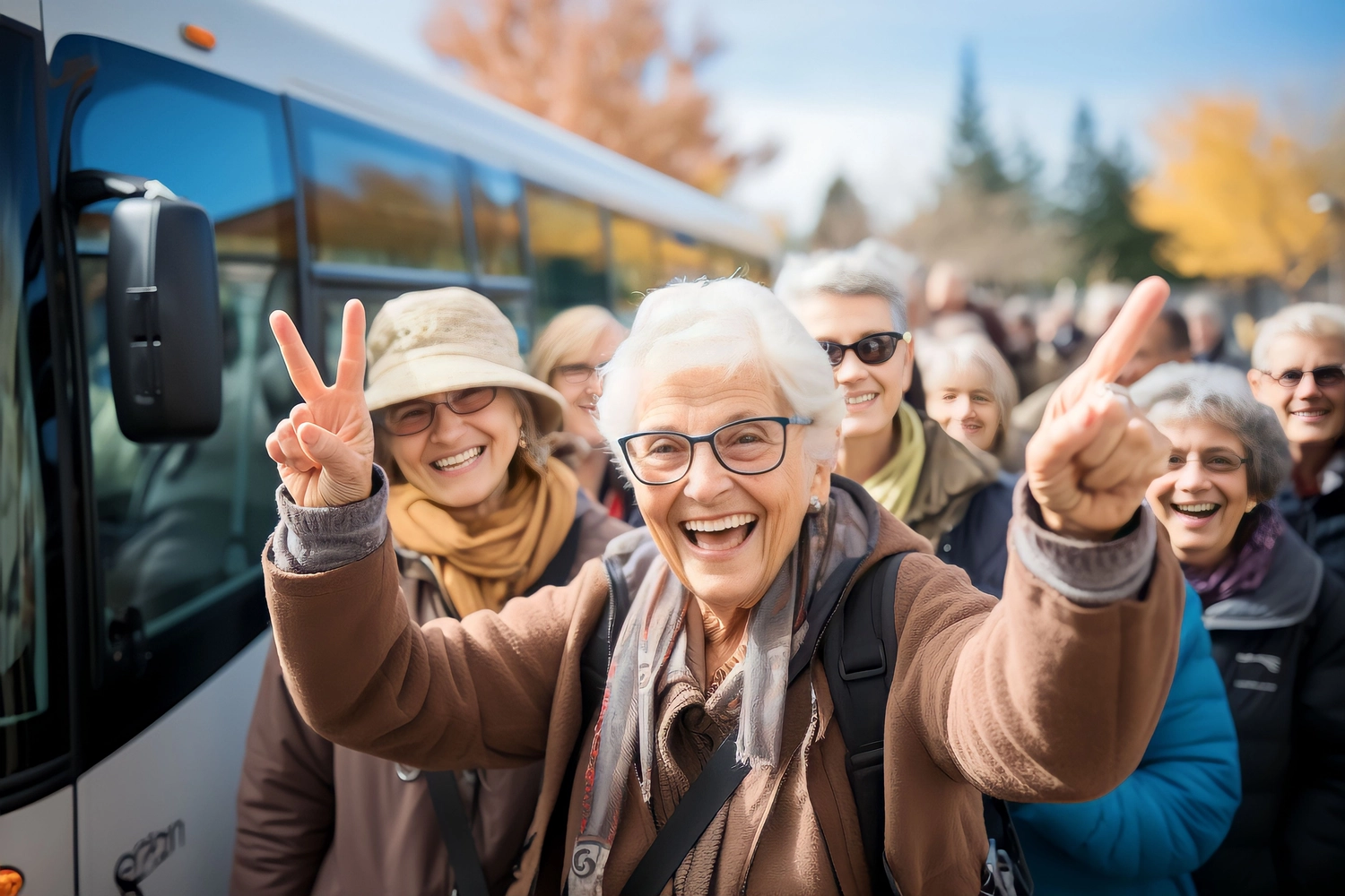 Gruppe aller Eltern-Tourteilnehmer mit einem interessanten Tourbus-Hintergrund